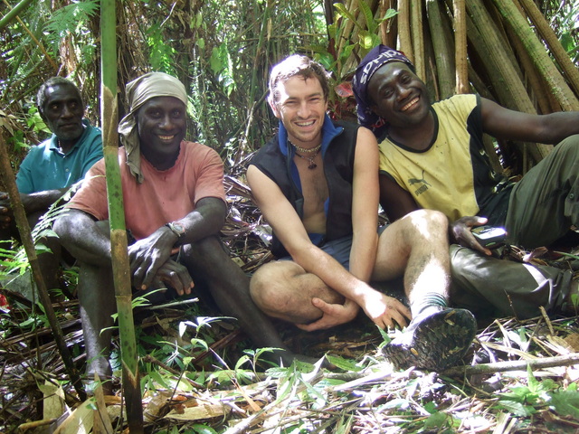 Hot, hungry but happy team at degree confluence; Landowner John, Charles Wesley Pirigoi, Stephen Molloy, Luke Raupeto